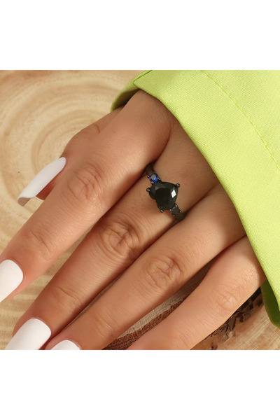 Choice AMJZ59148 خاتم أسود على شكل قلب مع لمسات من الزركون الأزرق، خاتم بتصمي...