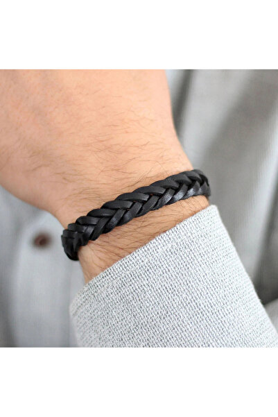 Choice black 17cm-24cm Black Braided Leather Bracelet, Woven Plain Leather Cu...
