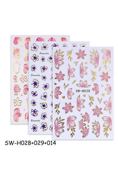 Choice SW-H028-029 SW-H014 2/3 قطع ملصقات أظافر زهرة الكركديه الوردية الذهبية ثلاثية الأبعاد مع حدود برونزية بتلات ساكور