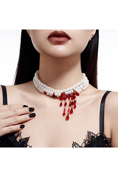 Choice قلادة شيكسين البيضاء على شكل قطرة دم من الكريستال الأحمر للهالوين للنساء، فاخرة وأنيقة، متعددة الطبقات