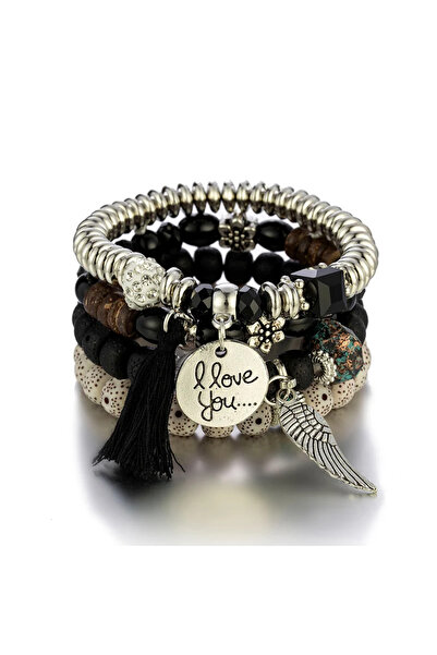 Choice مجموعة أساور من 5 4 قطع من الخرز البوهيمي للنساء، حرف أحبك، جناح دائري...