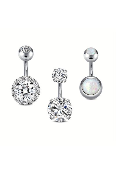 Choice حلقات فضية اللون على شكل قضيب منحني، تُستخدم للسرة أو زر الجرس - 3 قطع أنيقة من الفولاذ المقاوم للصدأ