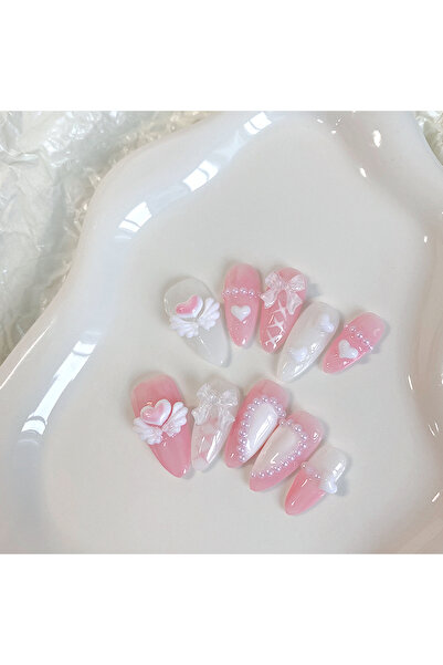 Choice SJ0134-L 10 قطع أظافر لوزية مضغوطة يدويًا، أظافر صناعية جميلة، فن أظاف...