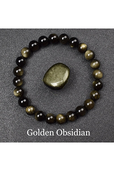 Choice سوار من خرز حجر السج الذهبي الطبيعي 8 مم 19.5 سم للرجال والنساء، لون ذ...