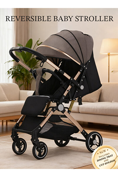 hibobi عربة أطفال فاخرة قابلة للعكس مع صينية طعام وحامل أكواب، قابلة للطي بضغطة زر واحدة