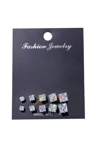 Choice مجموعة من 5 أزواج من أقراط الزفاف المربعة اللامعة المطلية بالروديوم لل...