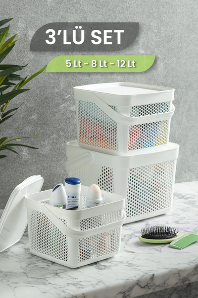 ozbience Çok Amaçlı 3'lü Sepet Seti, Kapaklı ve Kulplu Organizerler