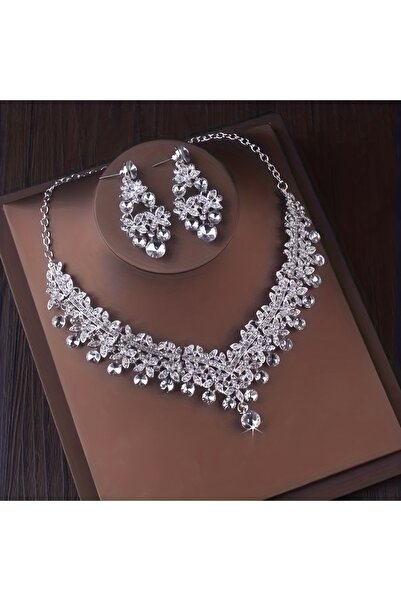 Choice طقم مجوهرات زفاف من الفضة الفاخرة مرصع بأحجار الراين وقلادة وأقراط على...