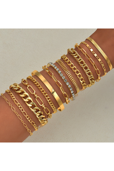 Choice AYA6566001 14pcs Elegant Minimalist Multi-Element Metal Chain Bracelet Set Vintage Rhinestone Twist