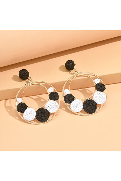 Choice أقراط دائرية من الرافيا بلون بوهيمي أسود للنساء، مصنوعة يدويًا من نسيج...