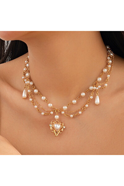 Choice قلادة شيكسين الفاخرة متعددة الطبقات من اللؤلؤ الصناعي بلون ذهبي للنساء، بتصميم أنيق على شكل قلب.