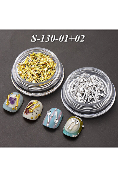 Choice صندوقان S-130-01-02 نصف صندوق شوكة وملعقة ذهبية لتزيين الأظافر أدوات مائدة فضية صغيرة مضحكة لتزيين الأظافر