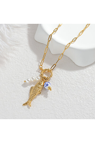 Choice قلادة فيش 1 فاشون من الفولاذ المقاوم للصدأ مطلية بالذهب مع قلادة متعددة العناصر بتصميم زهرة قلب بسيط