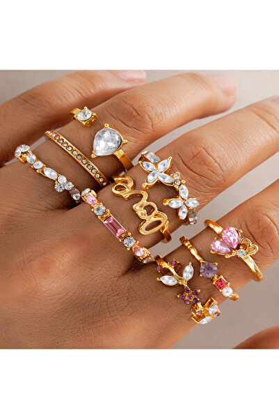 Choice مجموعة من 9 خواتم حب ذهبية بوهيمية من AYAGold للنساء بتصميم هندسي عتيق مرصع بالكريستال الملون