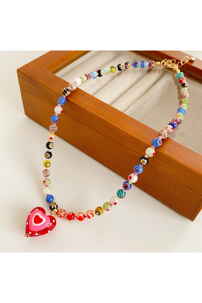 Choice قلادات WN860-1 على شكل قلب من خرز زجاجي ملون للنساء، سلاسل ترقوة دوبام...