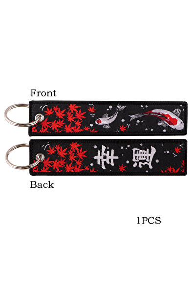 Choice Luck-Black Good Luck Koi Carp Japanese Key Fobs Embroidery Jet Tag Mot...