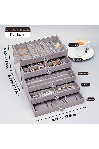Choice صندوق مجوهرات رمادي مكون من 5 طبقات، صينية أدراج مخملية، صندوق تخزين م...