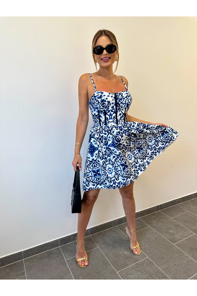 OEMN Women's flared dress with thin straps and fruity print – Lemon, Green Lemon, Ceramic Blu