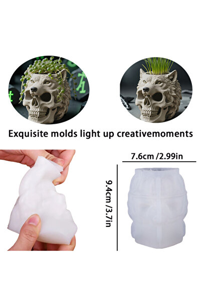 Choice قالب سيليكون لوعاء زهور على شكل جمجمة رأس ذئب GJHP-93، رأس ذئب واقعي مع رأس ذئب مفصل وحاد