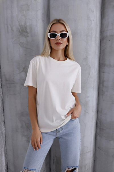 lowell home Women's Ecru Soft Textured Cotton Oversized Fit Crew Neck Basic T...