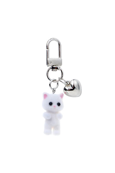 Choice white heart drop Cute Flocking Cat Keychain 3D Love Phone Pendant Head...