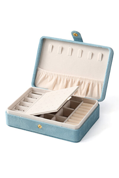Choice صندوق منظم مجوهرات مخملي أنيق أزرق اللون، قطعة واحدة، قابل للحمل، للقل...
