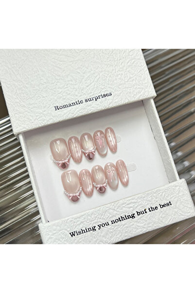 Choice 10 قطع من الأظافر الصناعية المصنوعة يدويًا على شكل فيونكة حلوة مع تصمي...