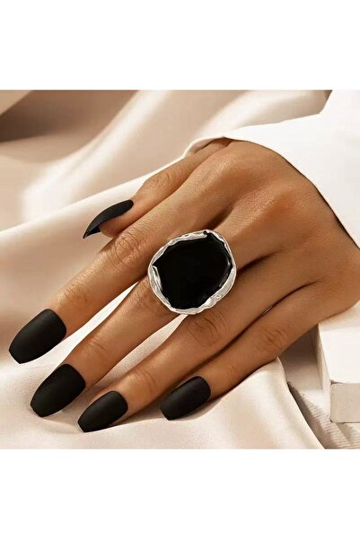 Choice 9 J020072-02 خاتم معدني بسيط وأنيق بتصميم بوهيمي بحجر أسود كبير للرجال والنساء، مناسب لـ