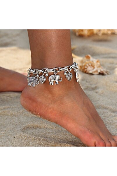 Choice 2 خلخال فضي ذهبي عتيق للنساء على شكل فيل مع سلسلة مربعة للشاطئ والصيف والقدم أ.