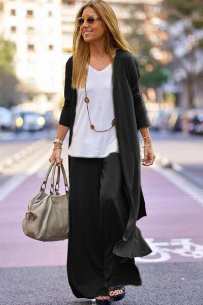 Mossta Daily Comfortable Fit Viscose Cardigan Pants Two-Piece Set - Black