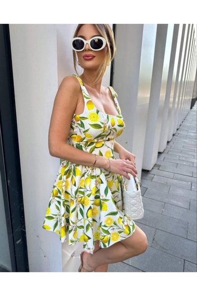 OEMN Flared mini dress with fruit or animal print, wide straps and square neckline – v-neck model