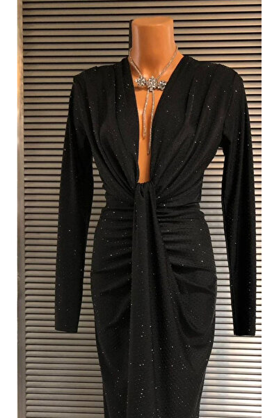 OEMN Black maxi dress in jersey with rhinestones and ruffles and deep neckline - Hannah - long sleeves