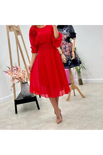 OEMN Rochie Dama Midi din Voal Captusit cu Trandafir pe Umar