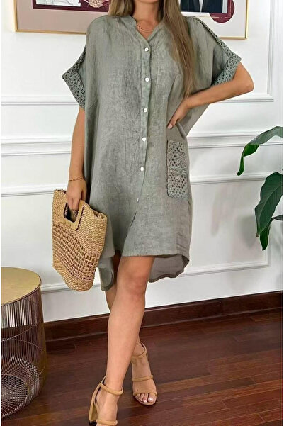 OEMN Women's Linen Dress With Crochet Details, Loose Fit, Single Dimension, Various Colors