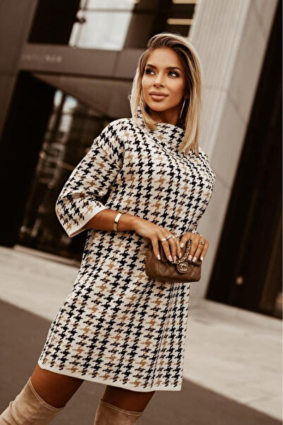 OEMN Patterned Dress with Three-Quarter Sleeves