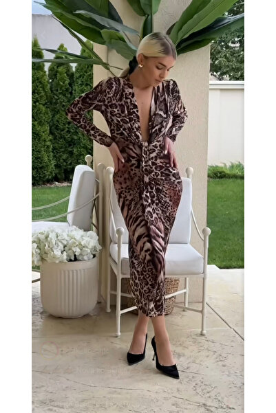 OEMN Animal print maxi dress with ruffles - deep neckline - Hannah - long sleeves