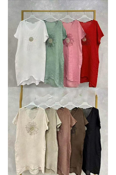 OEMN Women's Linen Dress With Embroidered Flower, Loose Fit, Single Dimension, Various Colors