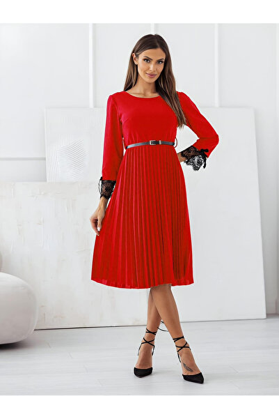 OEMN Rochie Midi Plisata cu Curelusa Inclusa