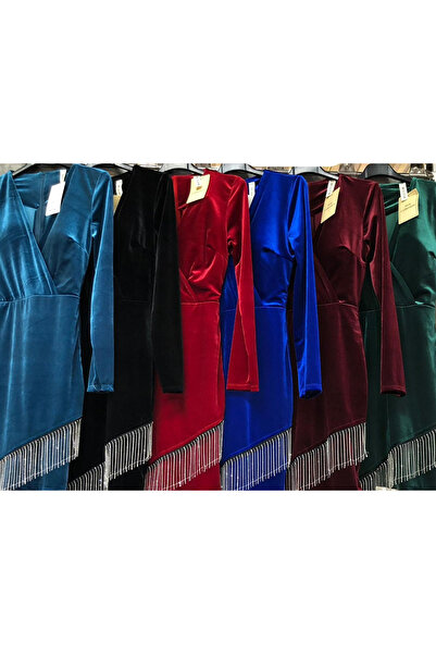OEMN Rochie de seara din catifea Mara neagra cu franjuri din strassuri