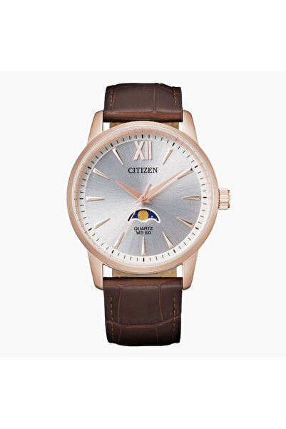 Citizen Quartz Moonphase Men Silver Dial Analog Watch with Brown Strap - AK50...