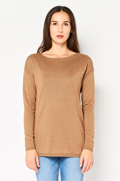 INC Women Round Neck Metallic Long Sleeve Sweater, Brown