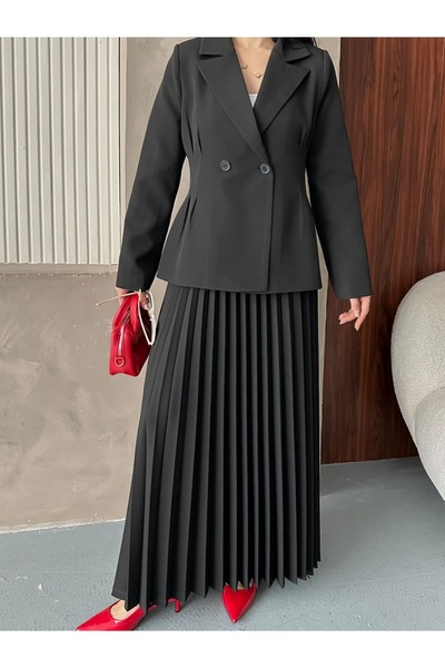 MYGİYİMİSTANBUL Double Button Blazer Jacket and Pleated Long Skirt Set