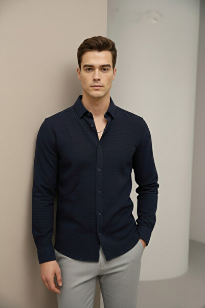 Bürke Linen Textured Navy Blue Half Oversized Summer Men's Shirt