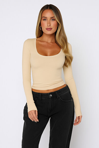 ÖZ PAMUK Square Neck Adet Basic Solid Fabric Long Sleeve Stretch Fabric Blouse