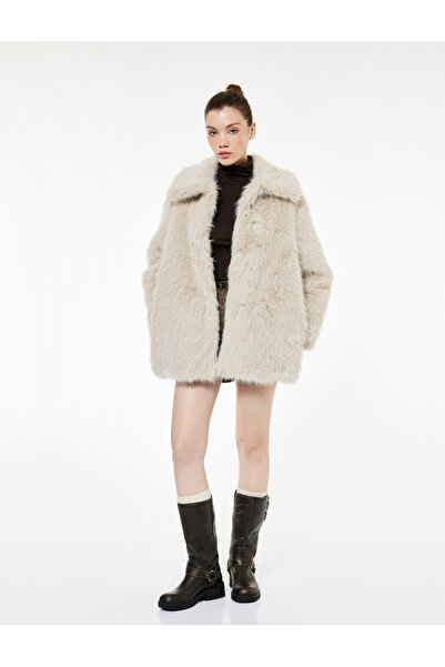 Koton Oversized Long Sleeve Turn-Down Collar Faux Fur Coat