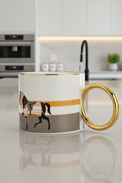 VENETTO Horse Patterned Gold Handle Luxury Porcelain Mug Cup 200 ml