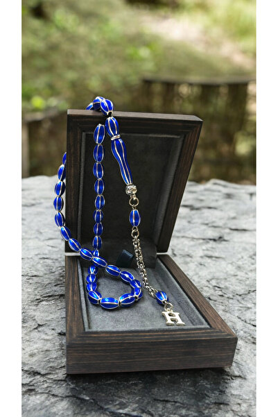 İnan Tesbih Silver Letter Engraved and Enameled Navy Blue Color Barley Cut Pr...