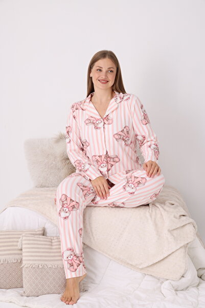 DK İÇ GİYİM طقم بيجامة نسائية مقاس كبير من الجلد المدبوغ بأكمام طويلة مع دببة صغيرة