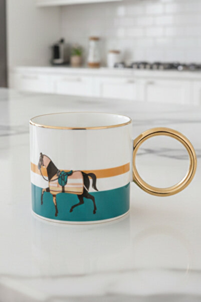 VENETTO Horse Patterned Gold Handle Luxury Porcelain Mug Cup 200 ml