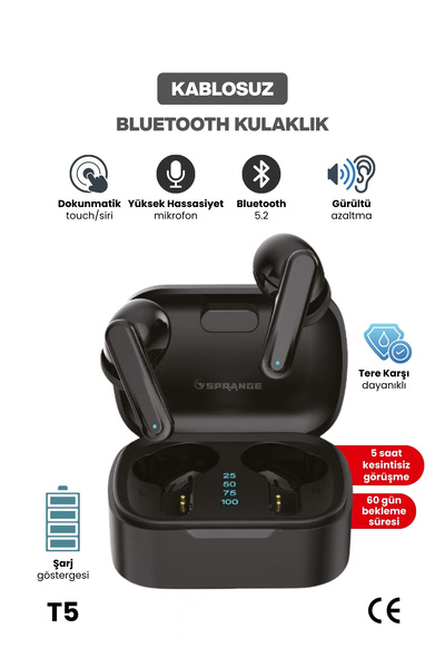 SPRANGE Bluetooth 5.2 Kulaklık 6D Ses, TWS Dokunmatik Kontrol, Gürültü Azaltm...